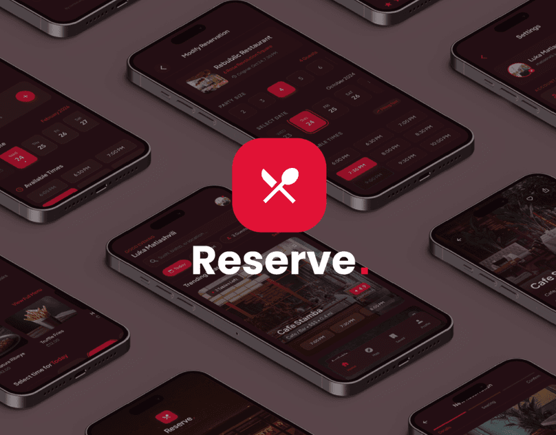 Reserve restaurant booking app shown on dark phone mockups