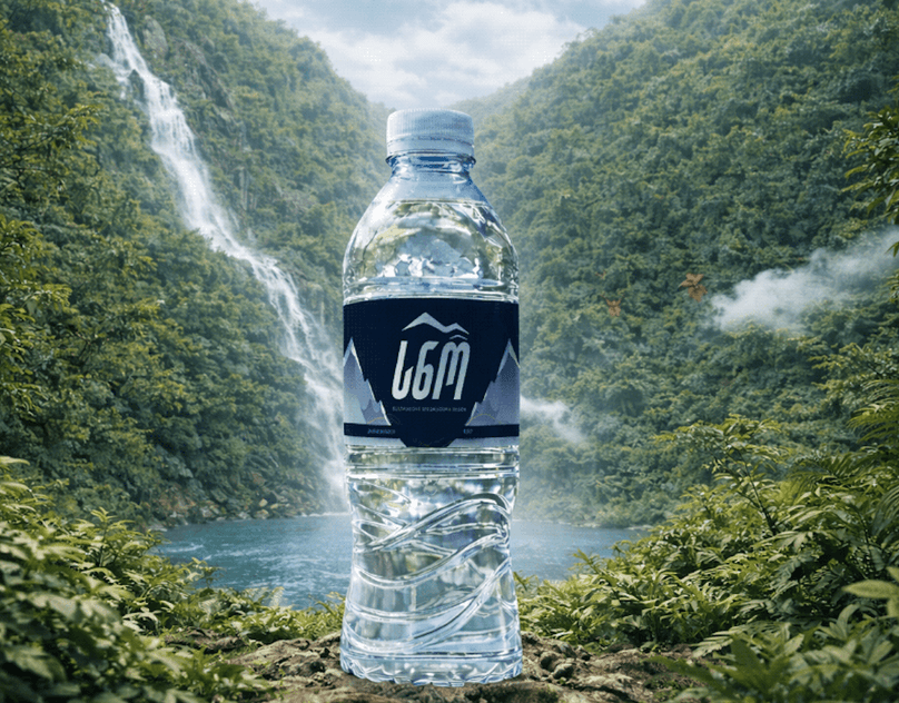 Water bottle with a mountain label in a green waterfall landscape