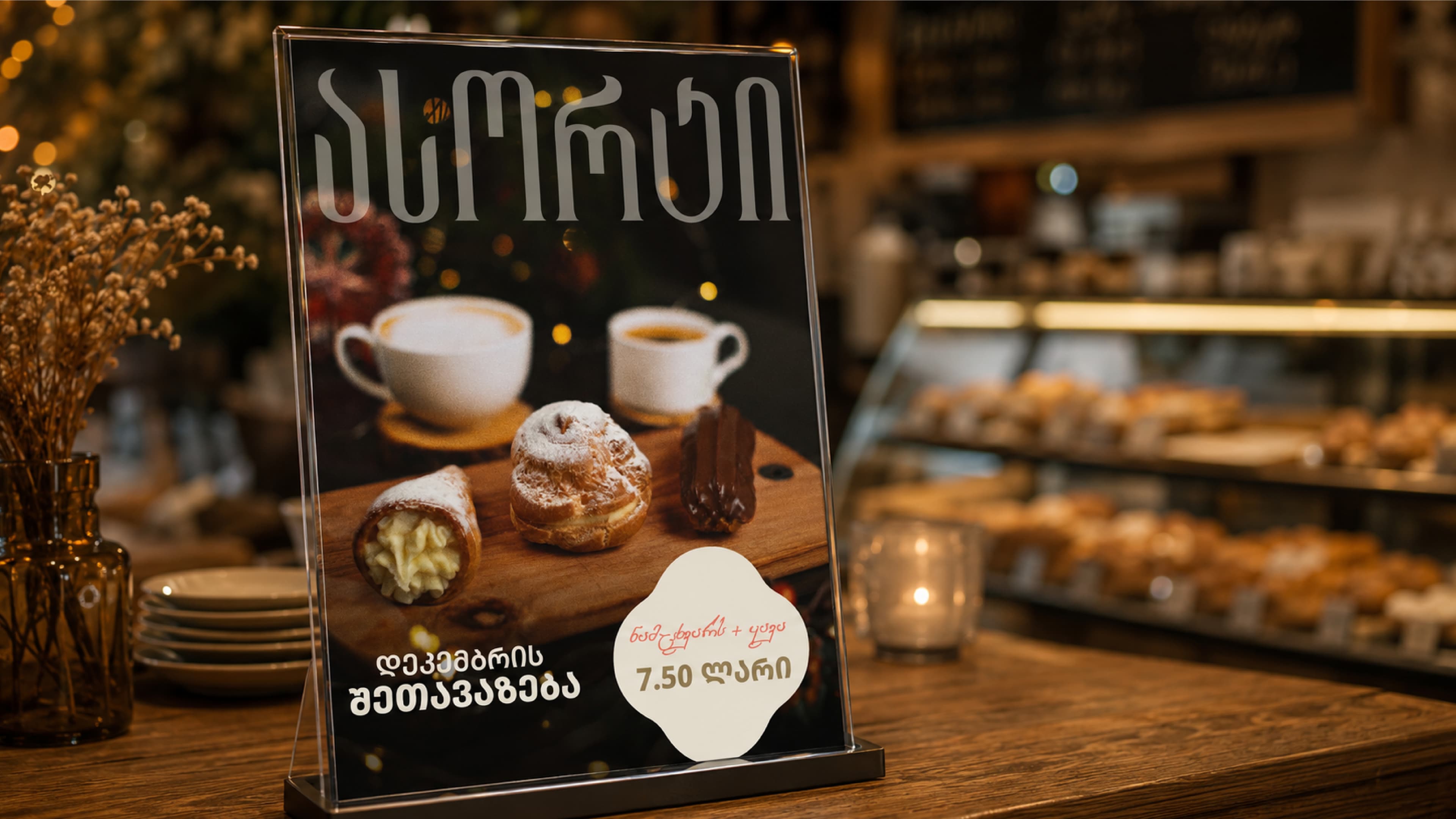 ASSORTI pastry and coffee promotion displayed on a bakery counter.