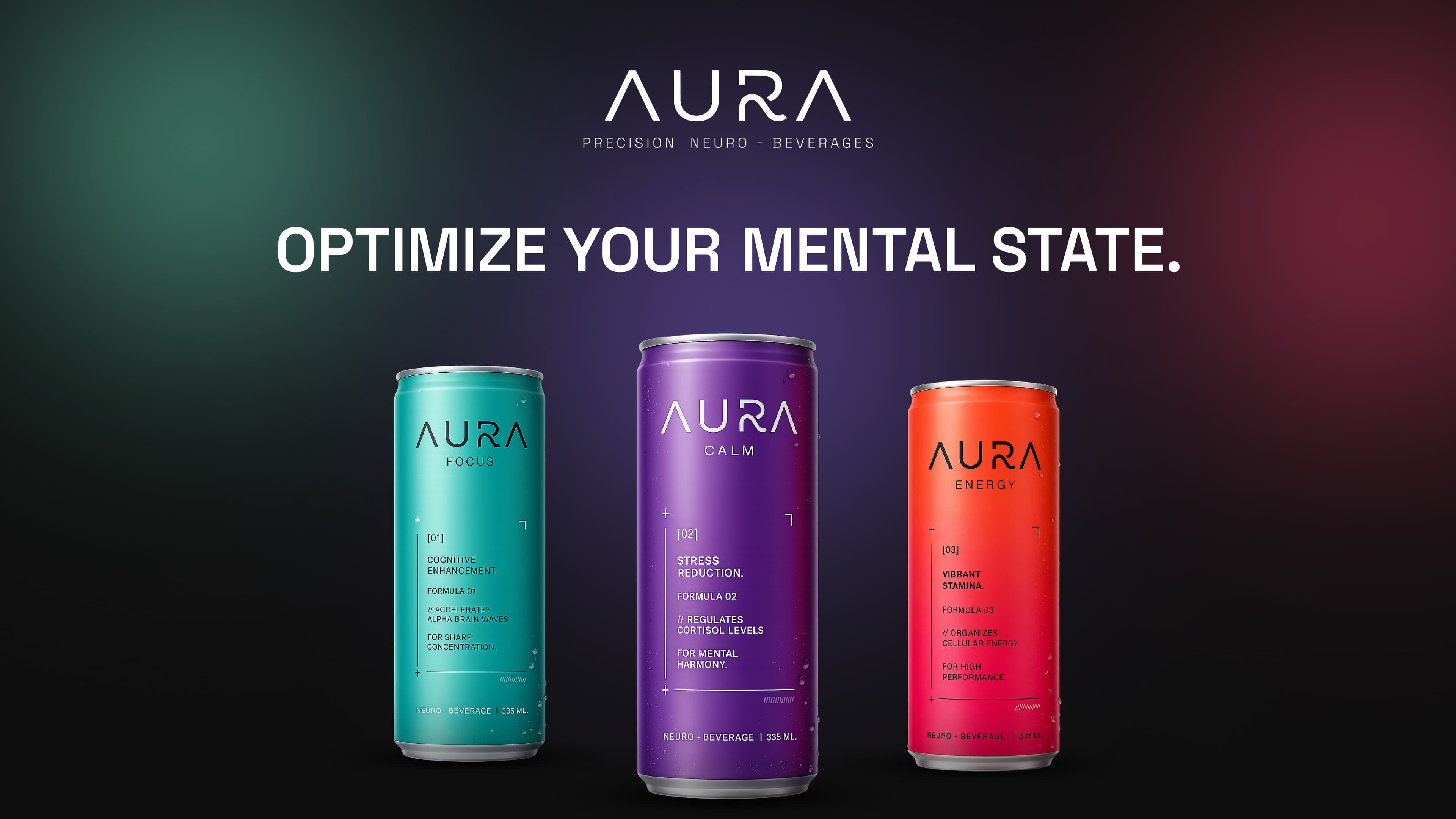 AURA introduction with Focus, Calm and Energy beverage cans.