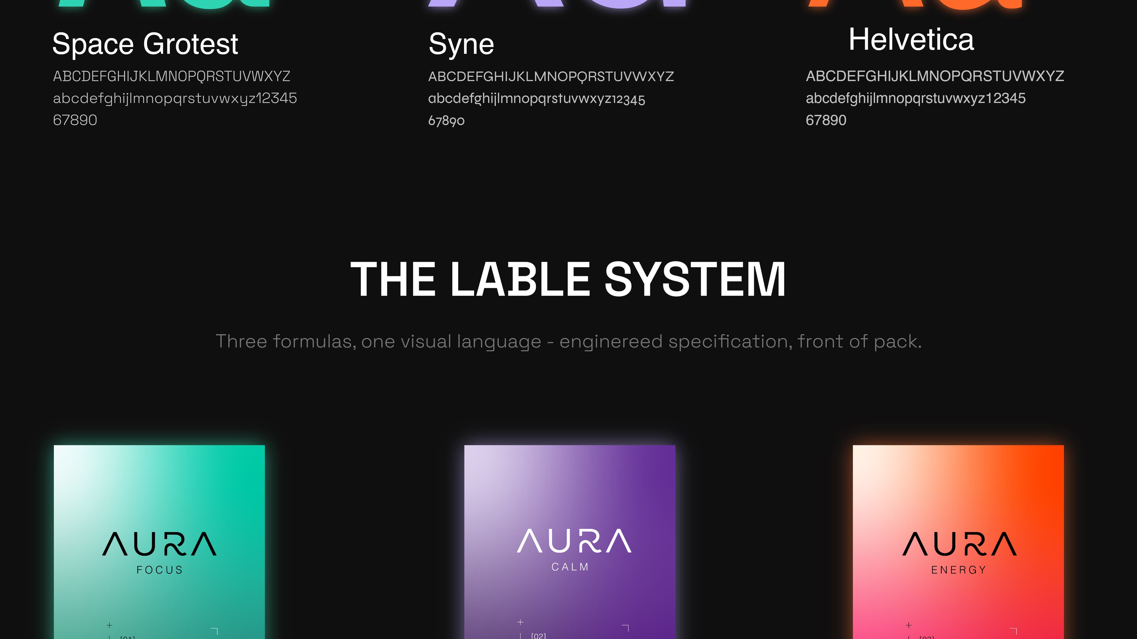 AURA typography and the three product label designs.