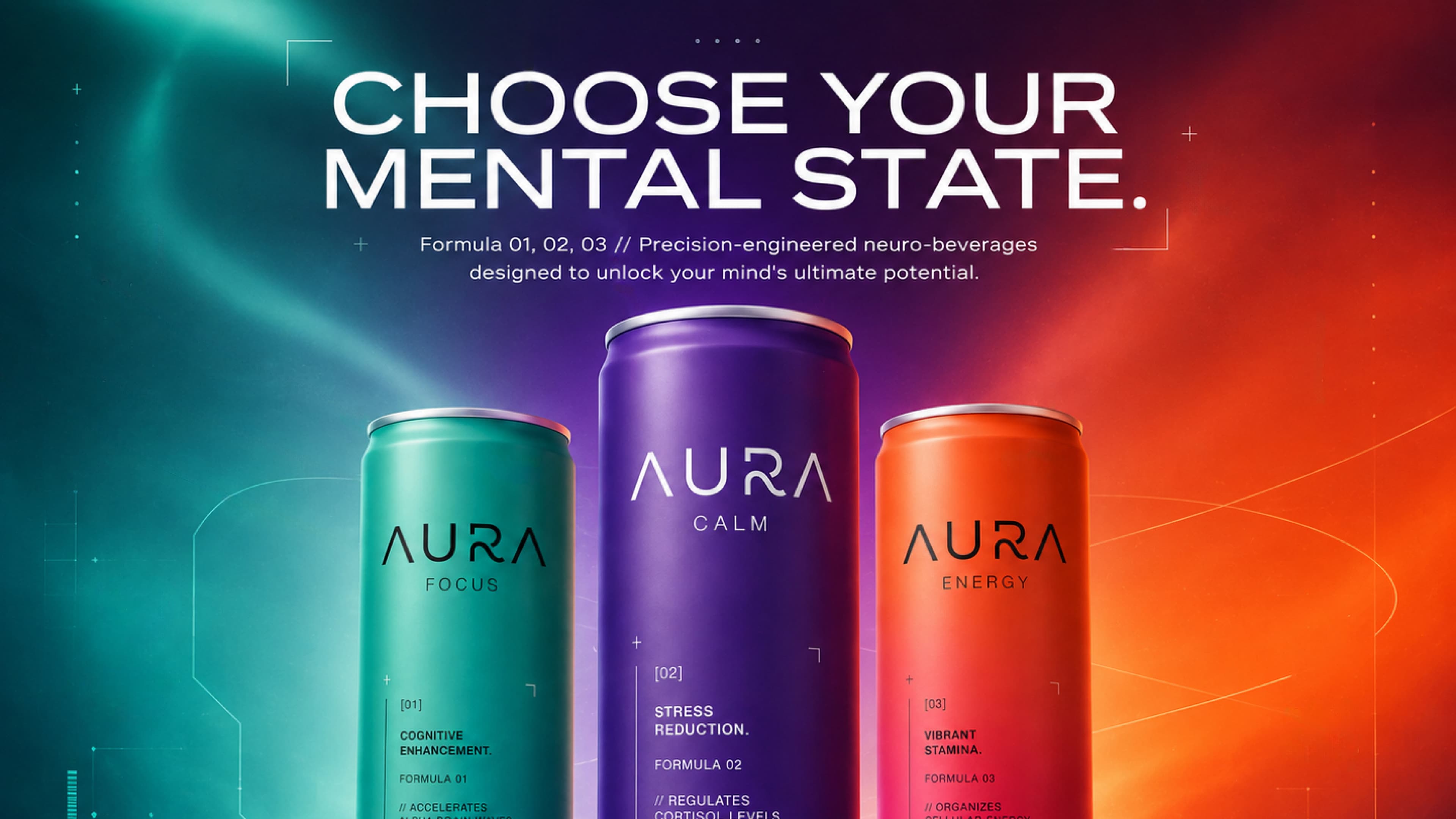AURA campaign artwork with the three beverage formulas.
