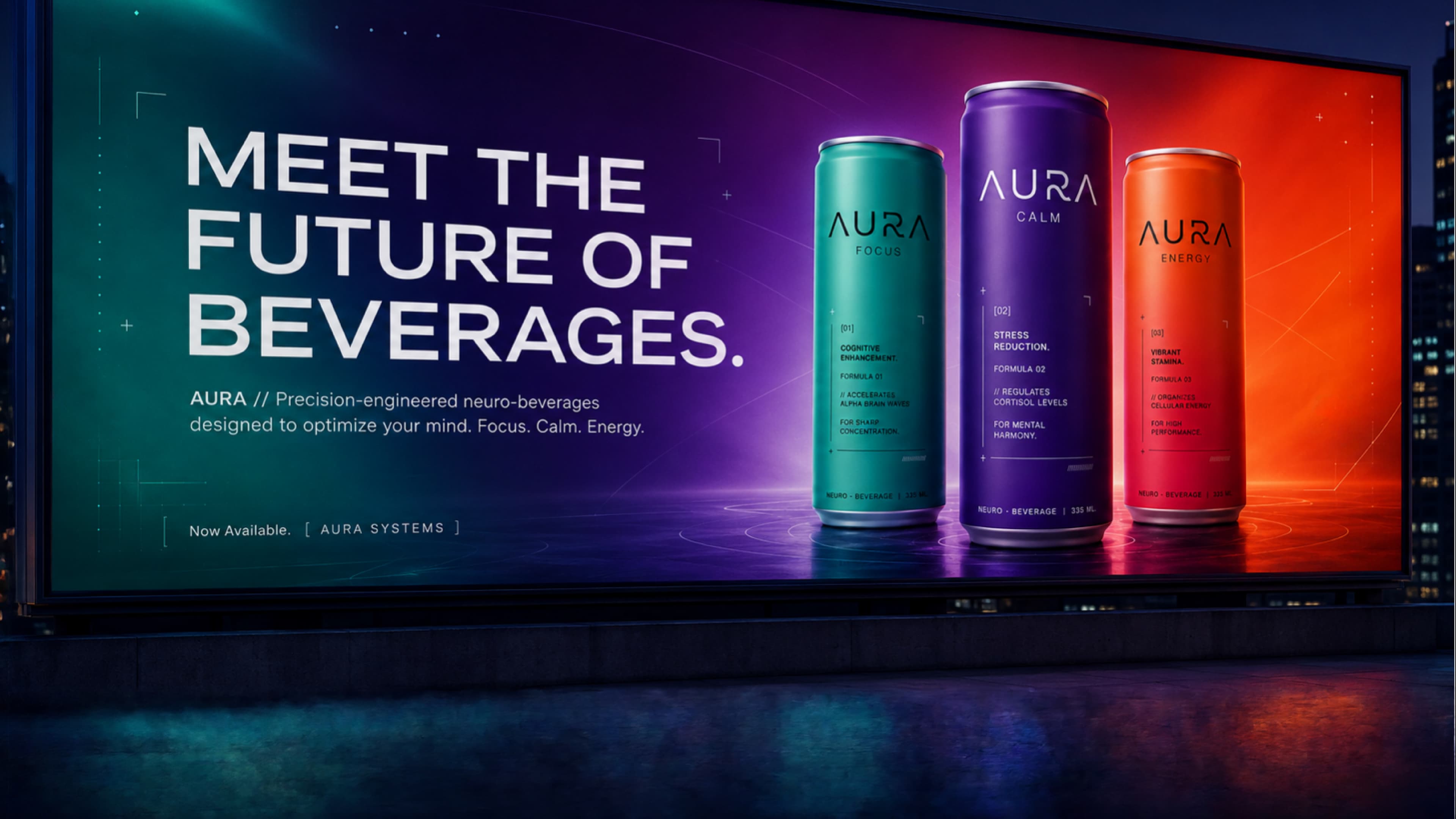 AURA illuminated outdoor billboard at night.