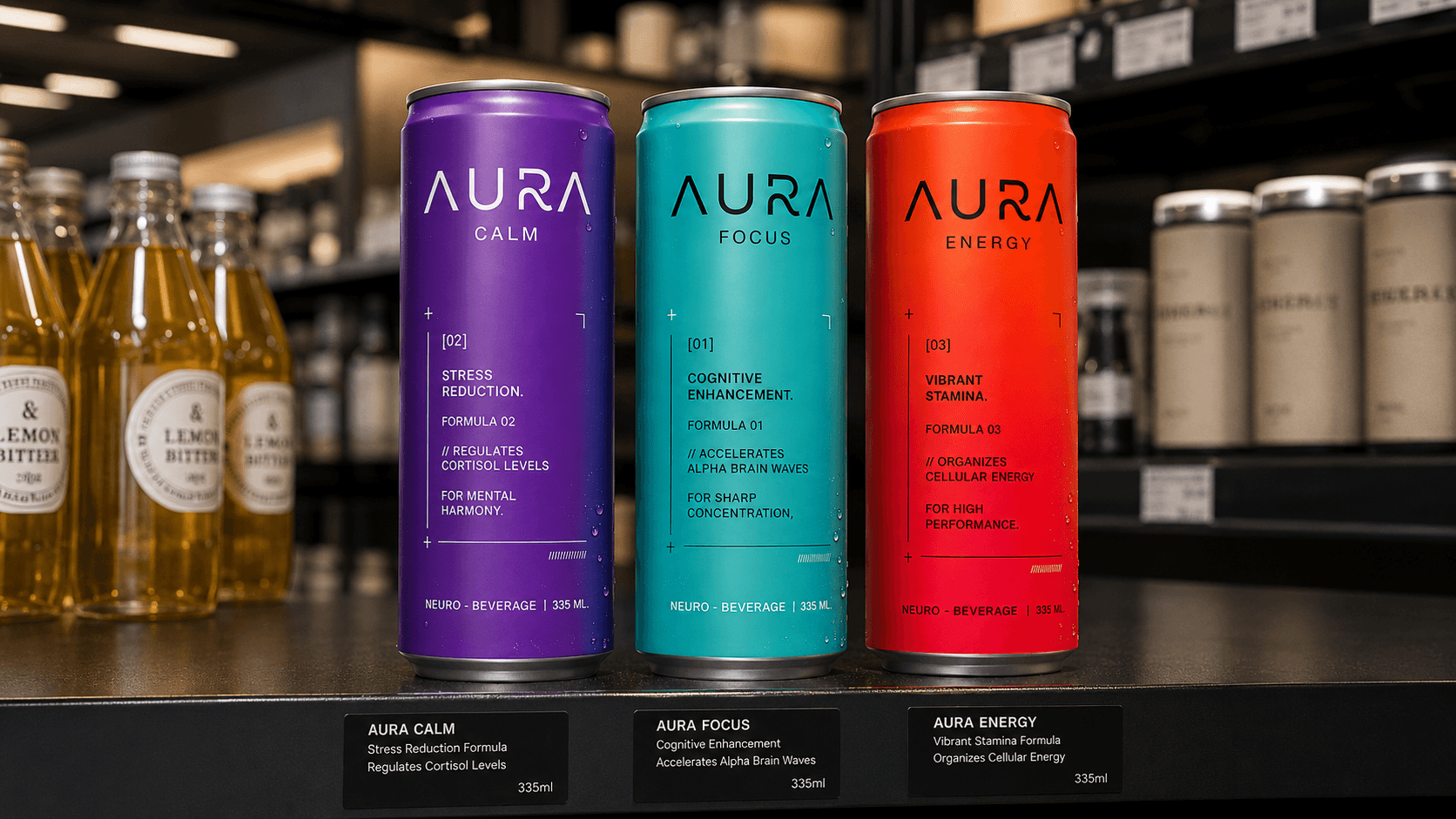 AURA Calm, Focus and Energy cans displayed on a store shelf.