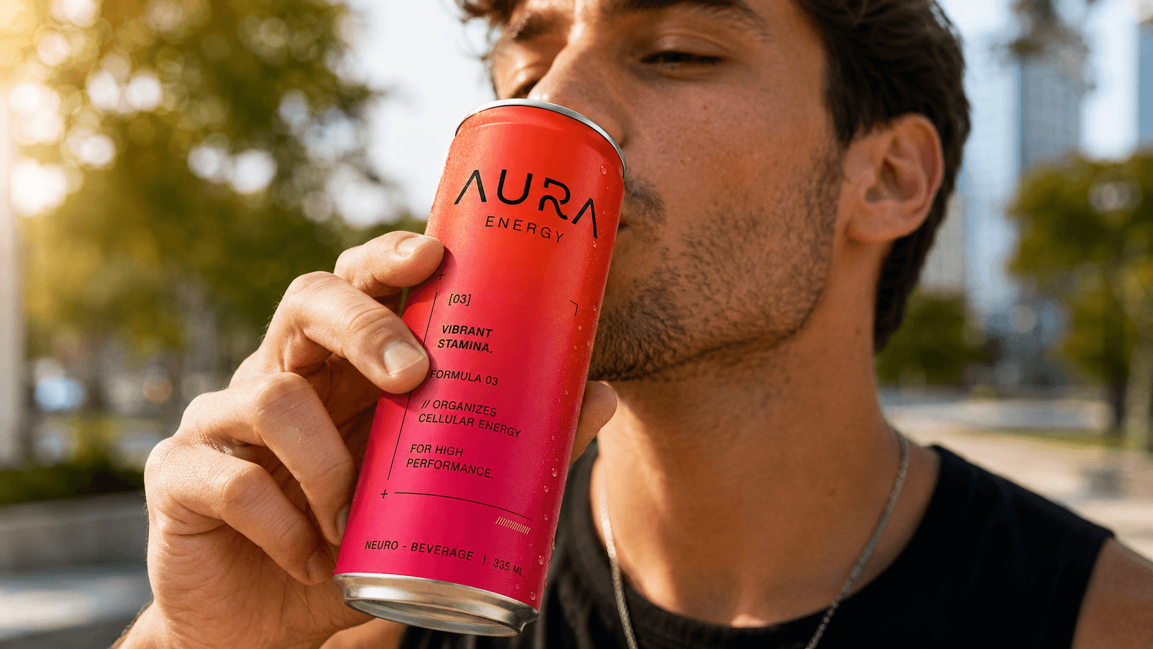 A person drinking from an AURA Energy can outdoors.