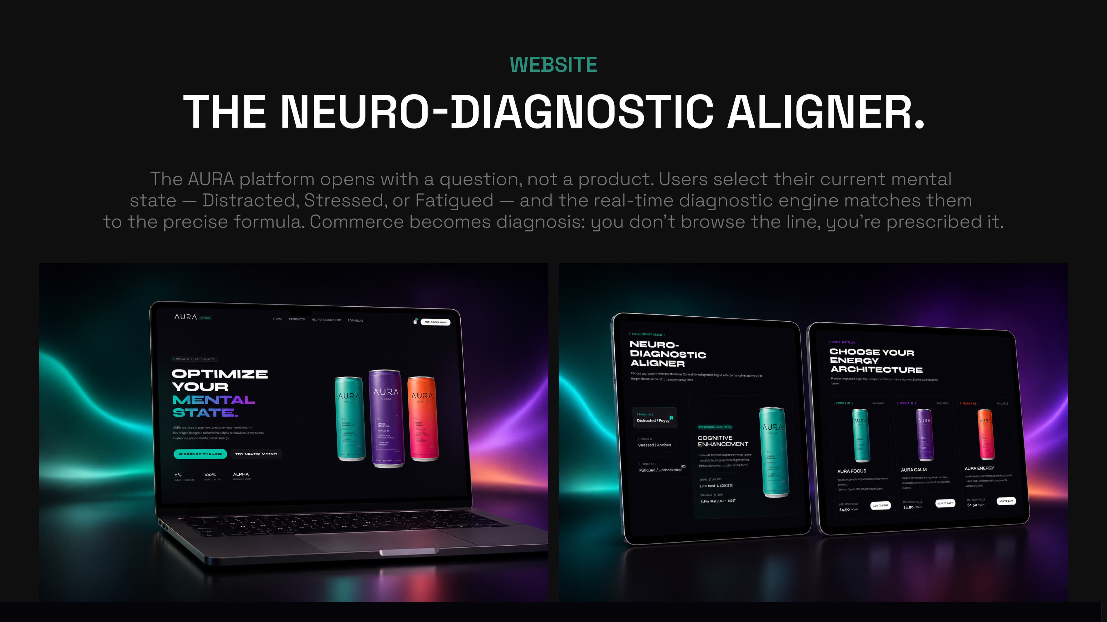 AURA website and product selection designs on laptop and tablet mockups.