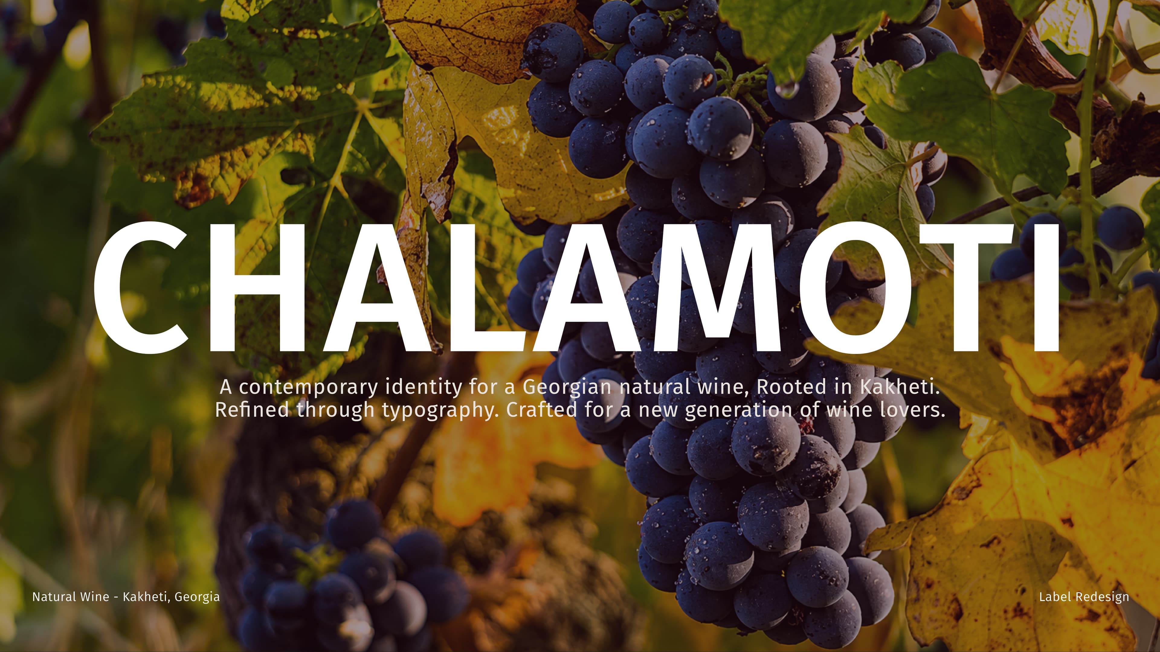 CHALAMOTI natural wine identity introduction over a sunlit photograph of grapes.