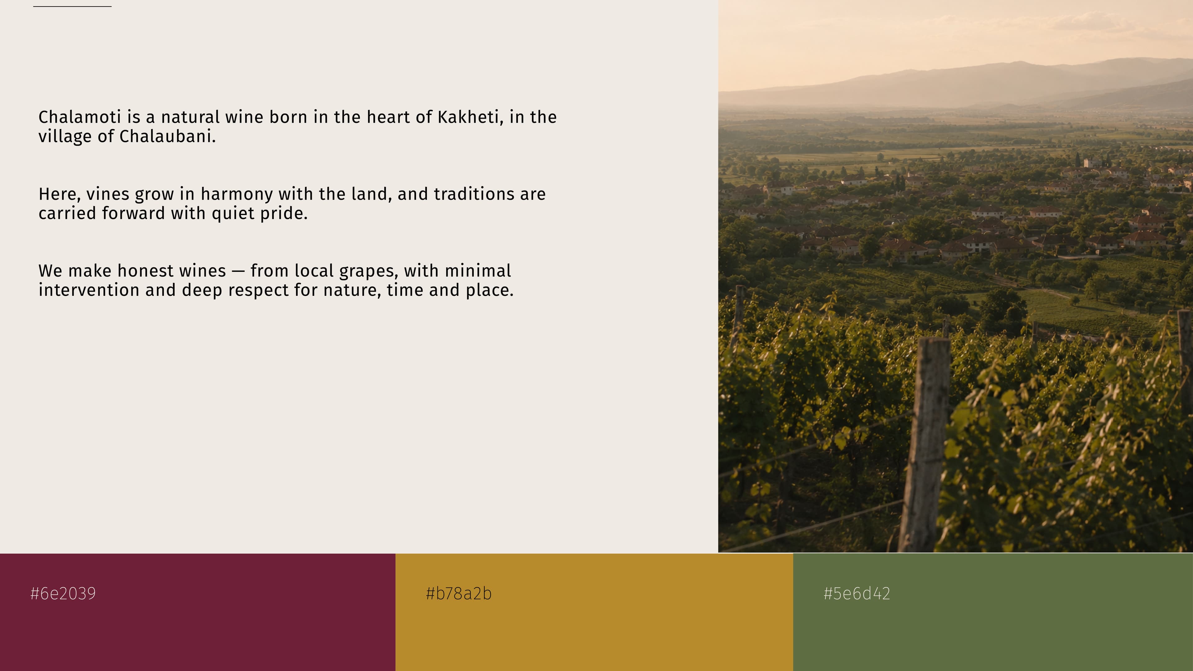 The story of Chalaubani and Kakheti, with a vineyard landscape and wine color palette.