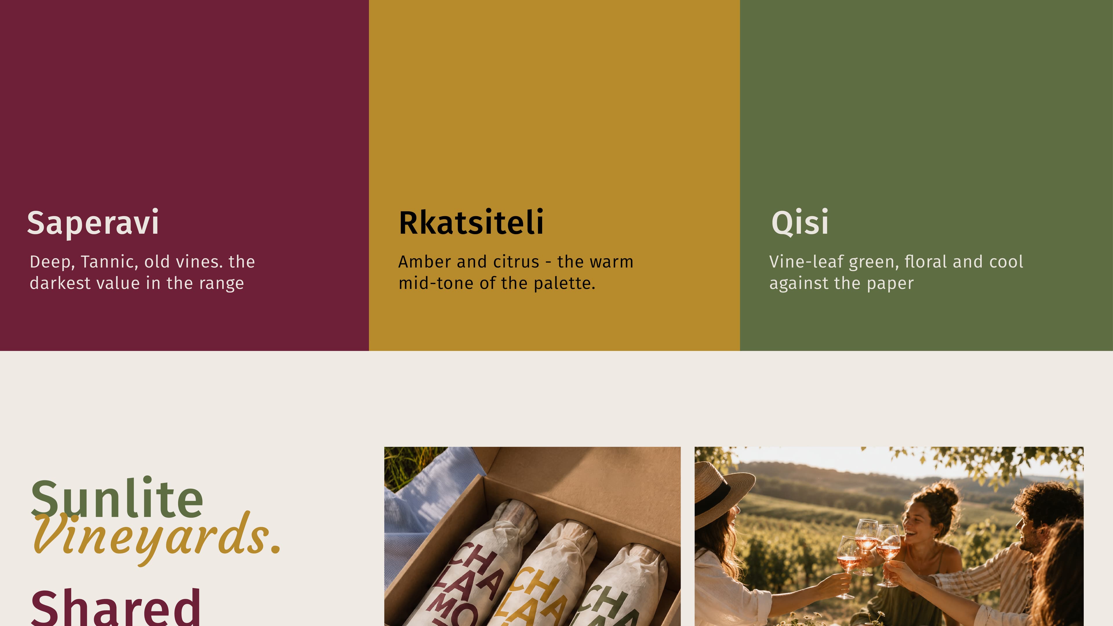 Saperavi, Rkatsiteli and Qisi colors with vineyard and packaging imagery.