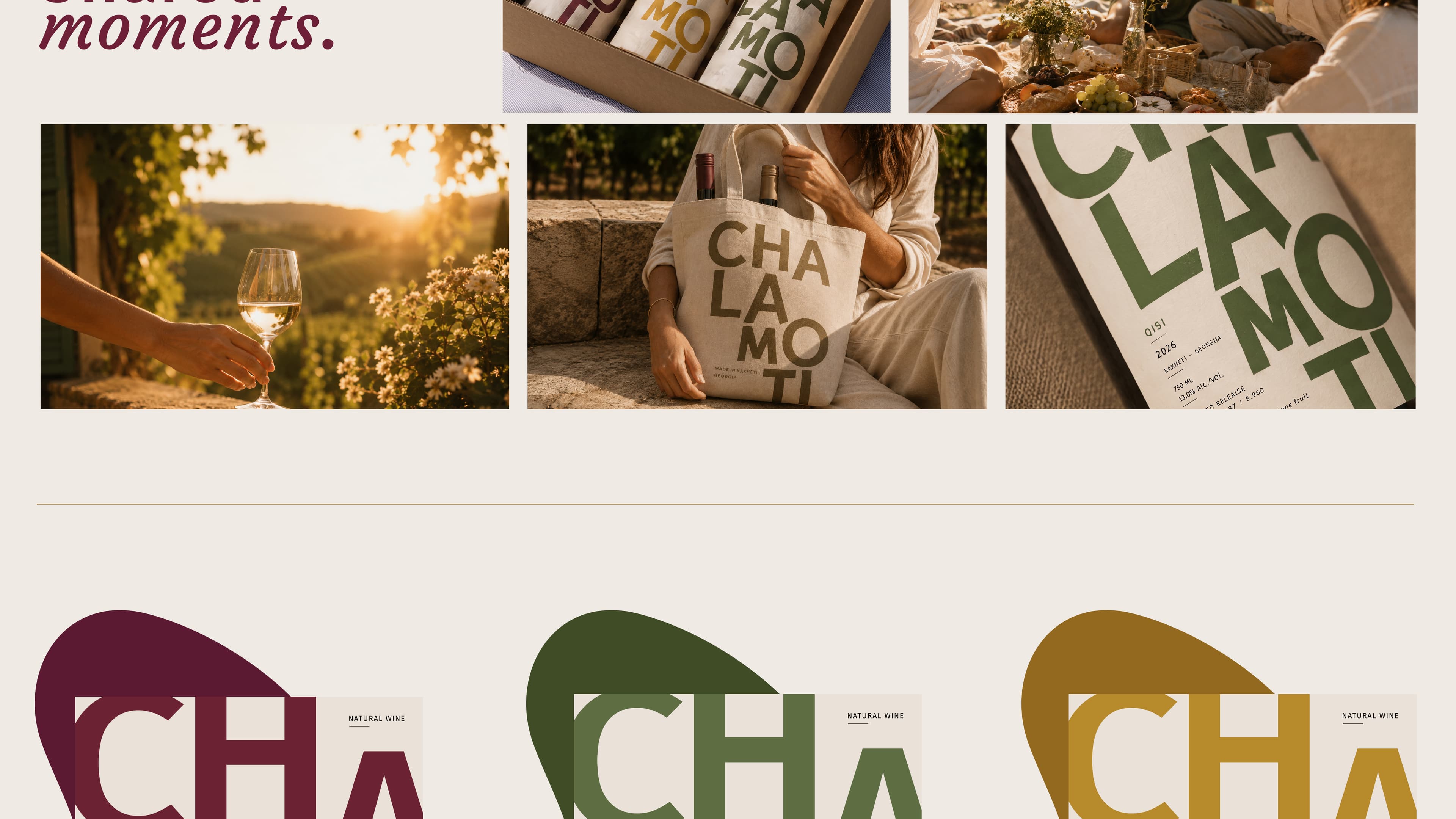 CHALAMOTI wine, tote bag and label details arranged in a lifestyle collage.