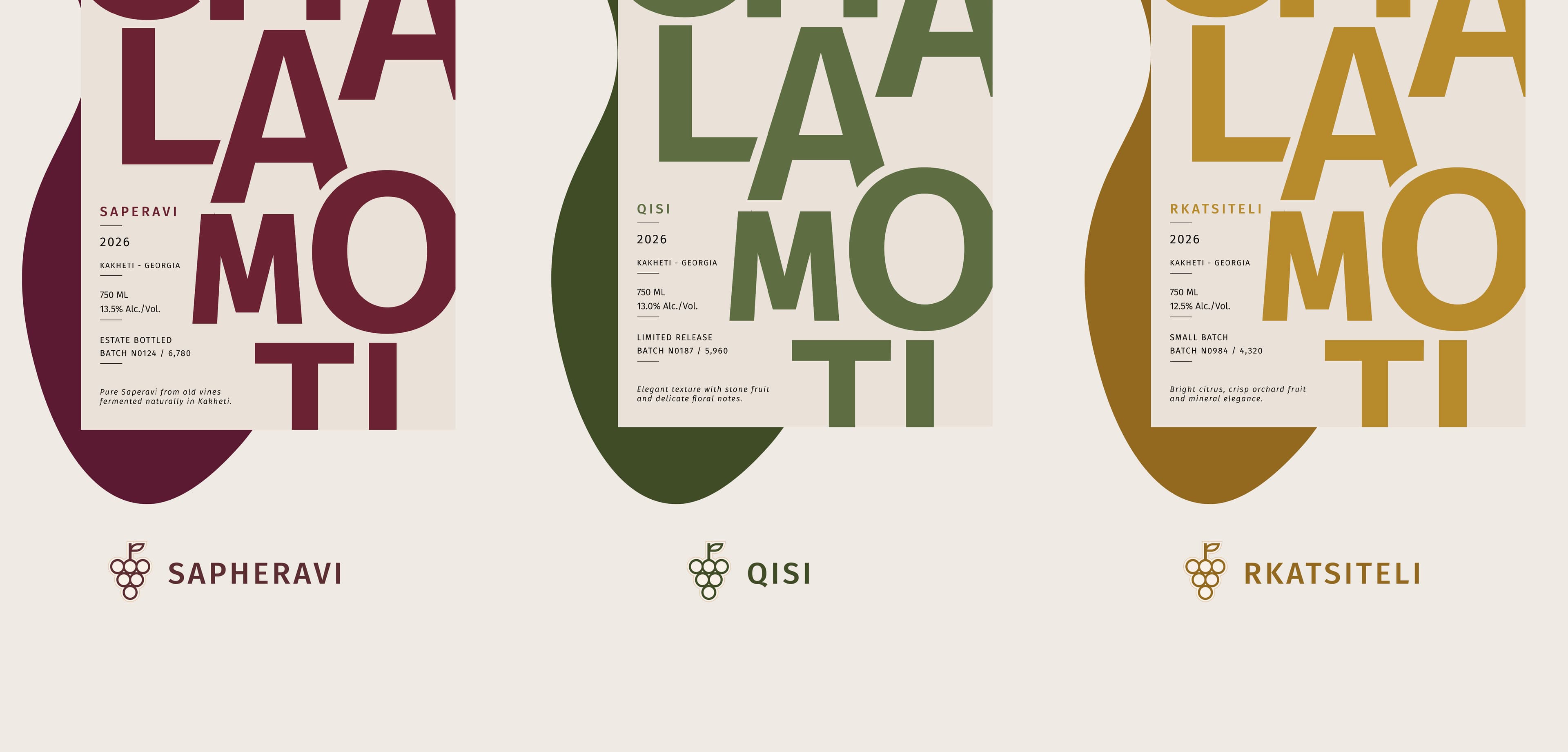 The three CHALAMOTI wine labels in burgundy, green and gold.