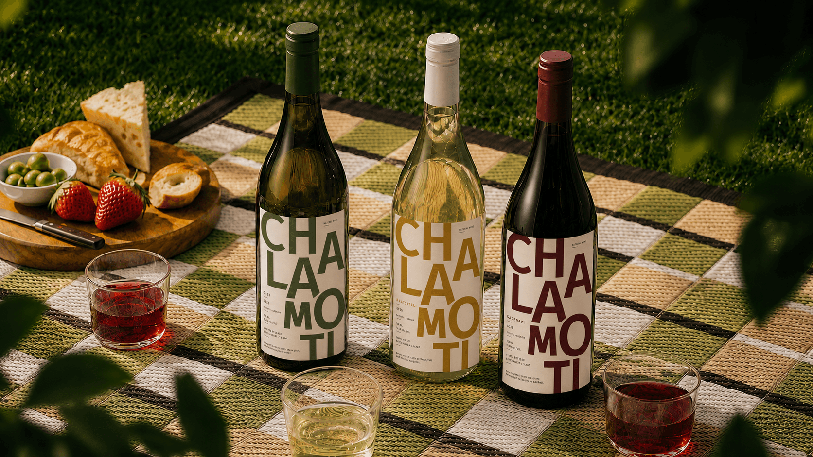 Three CHALAMOTI wine bottles on a picnic blanket with fruit, cheese and wine glasses.