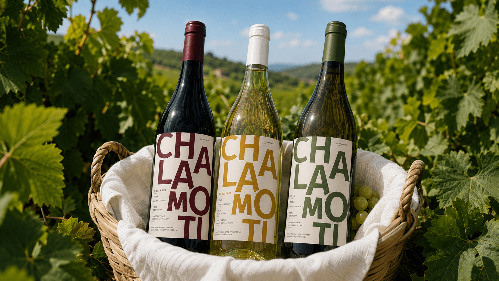 Three CHALAMOTI wine bottles in a linen-lined basket among grapevines.