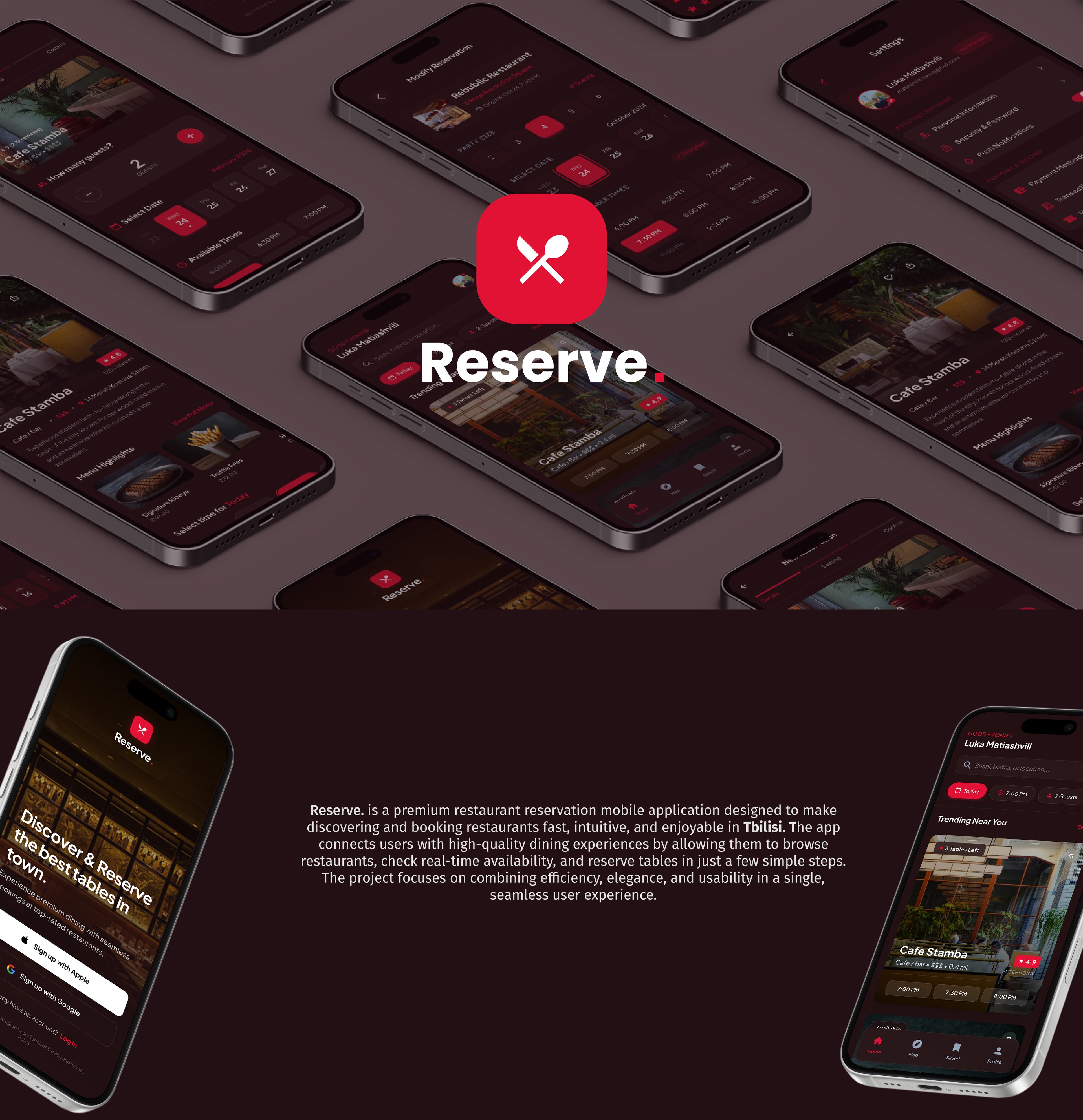 Reserve restaurant reservation app introduction and phone mockups.