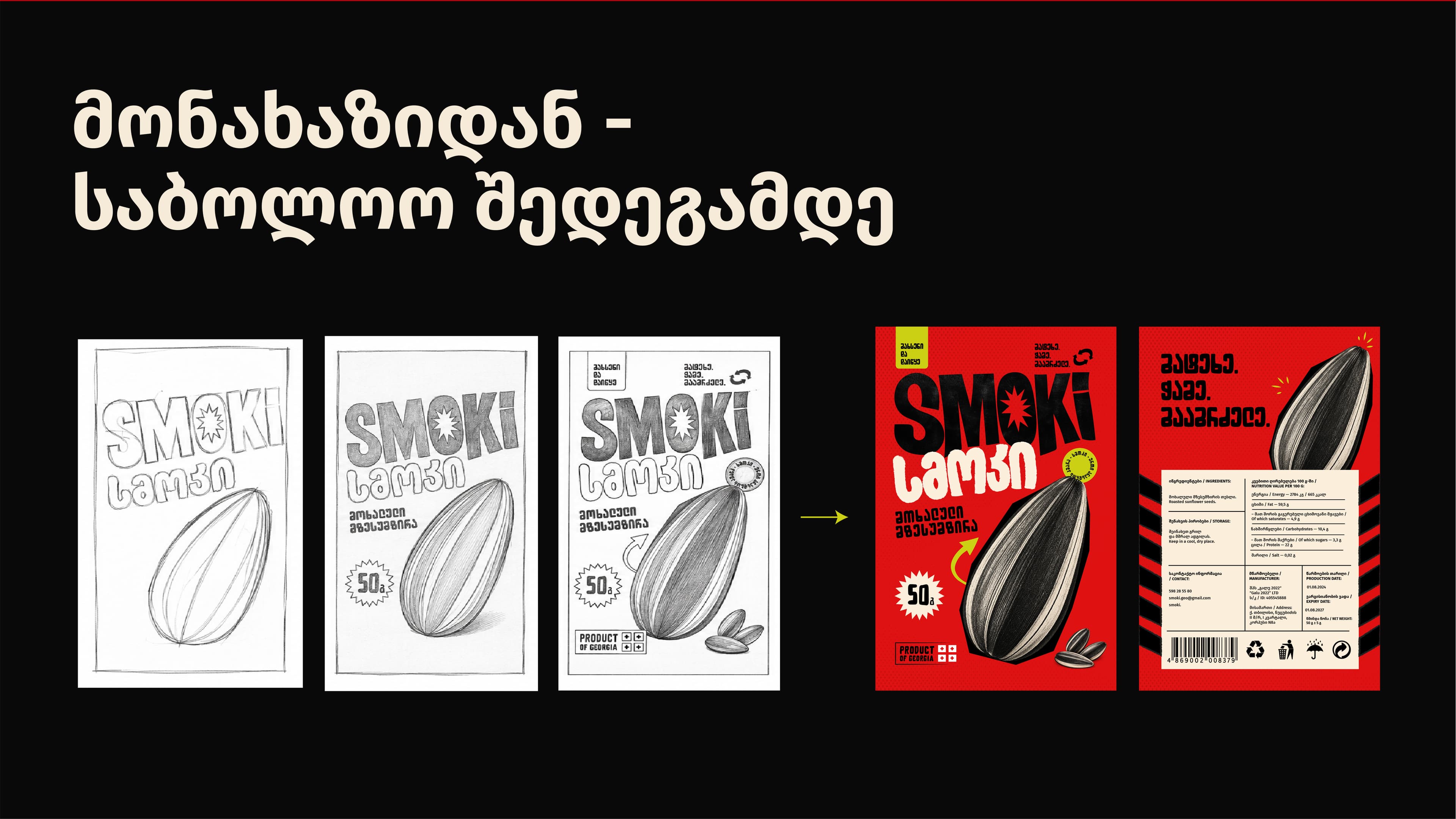 Packaging development from three pencil sketches to the finished red front and back designs.