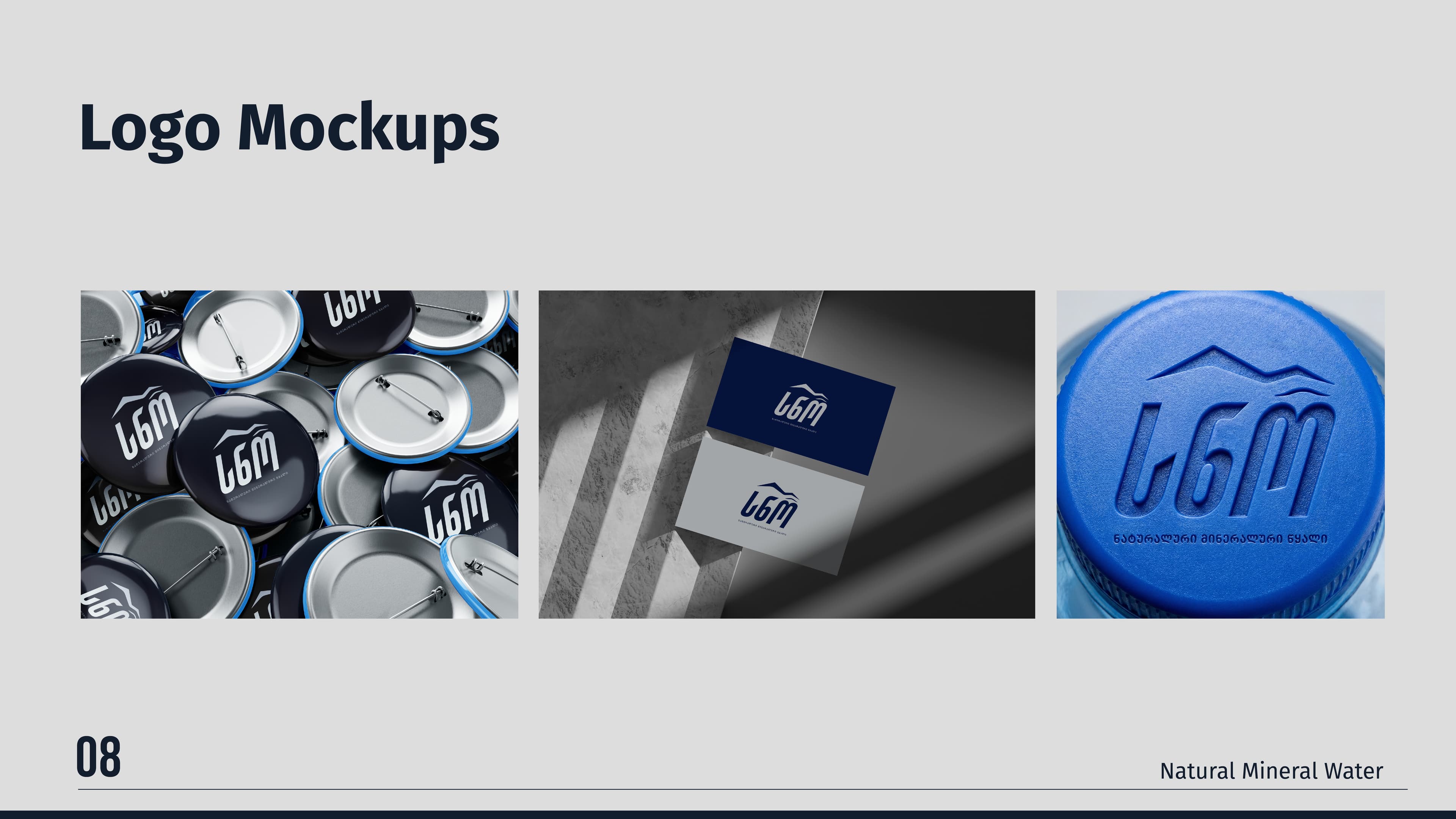 SNO logo mockups on badges, cards, and bottle caps.