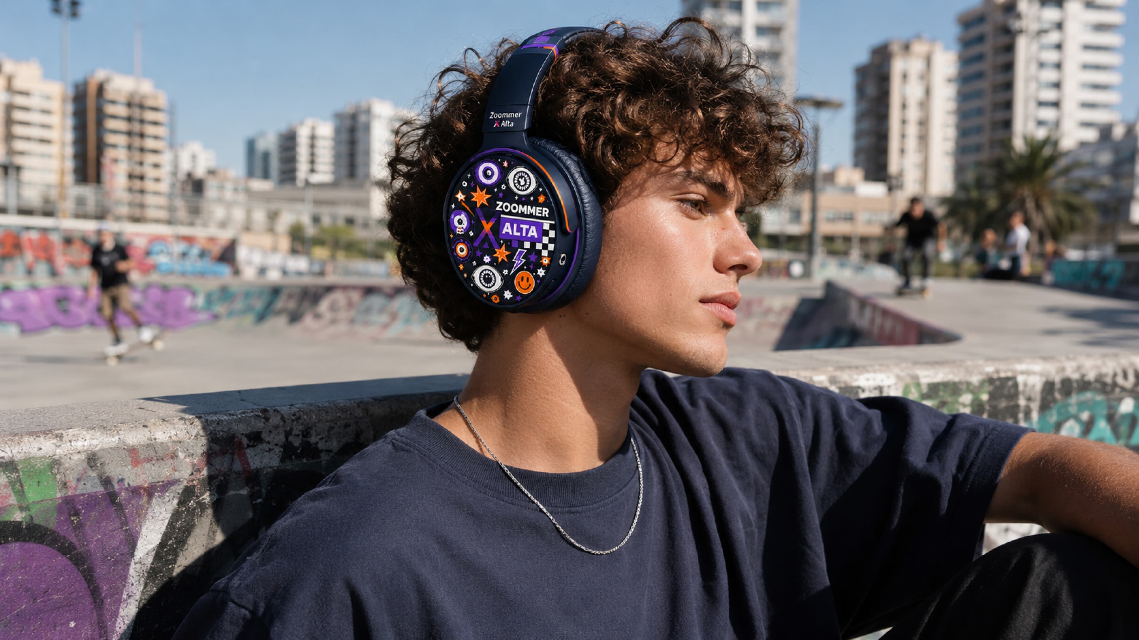 A person wearing ZOOMER X ALTA headphones at a skatepark.