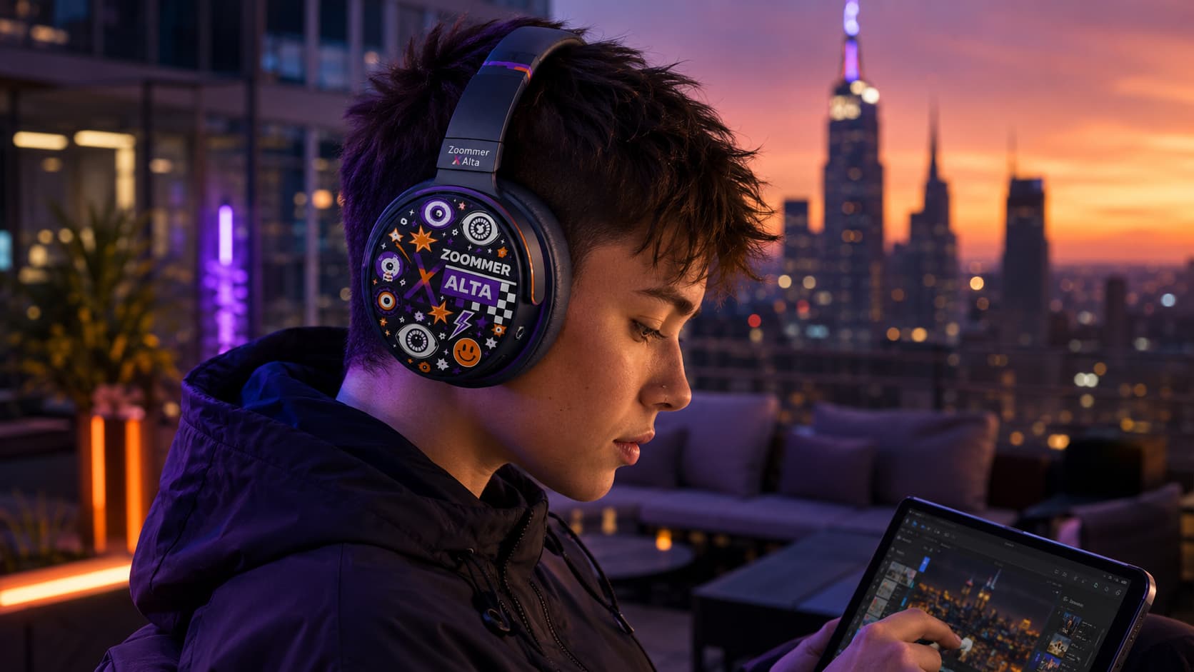 A person wearing ZOOMER X ALTA headphones while using a tablet at sunset.
