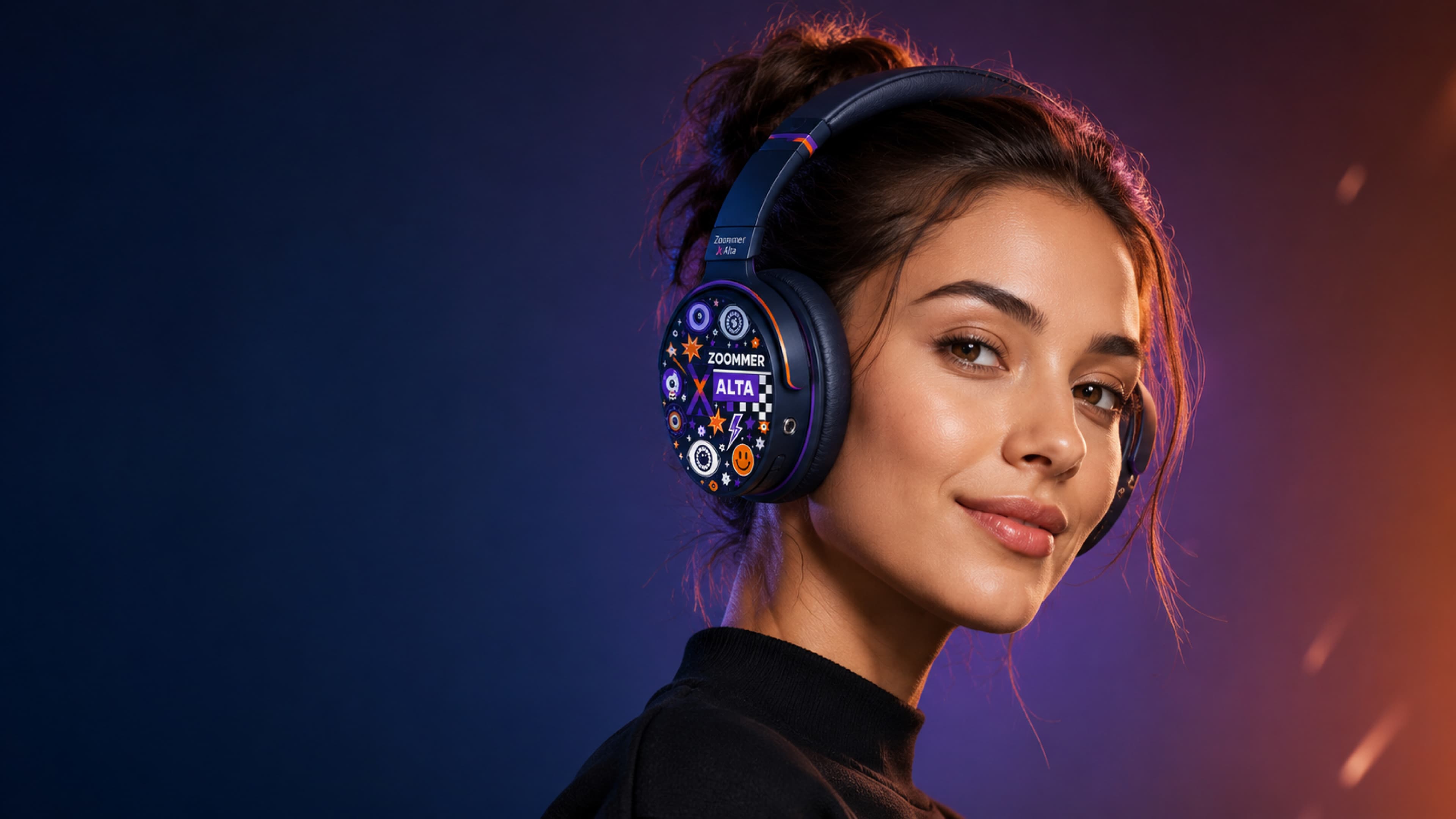 A woman wearing ZOOMER X ALTA illustrated headphones.